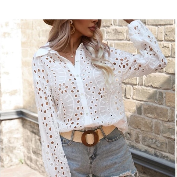 Boho Oversized Floral Sheer Eyelet Embroidered Lace Button Down Shirt Top Blouse - Picture 4 of 6